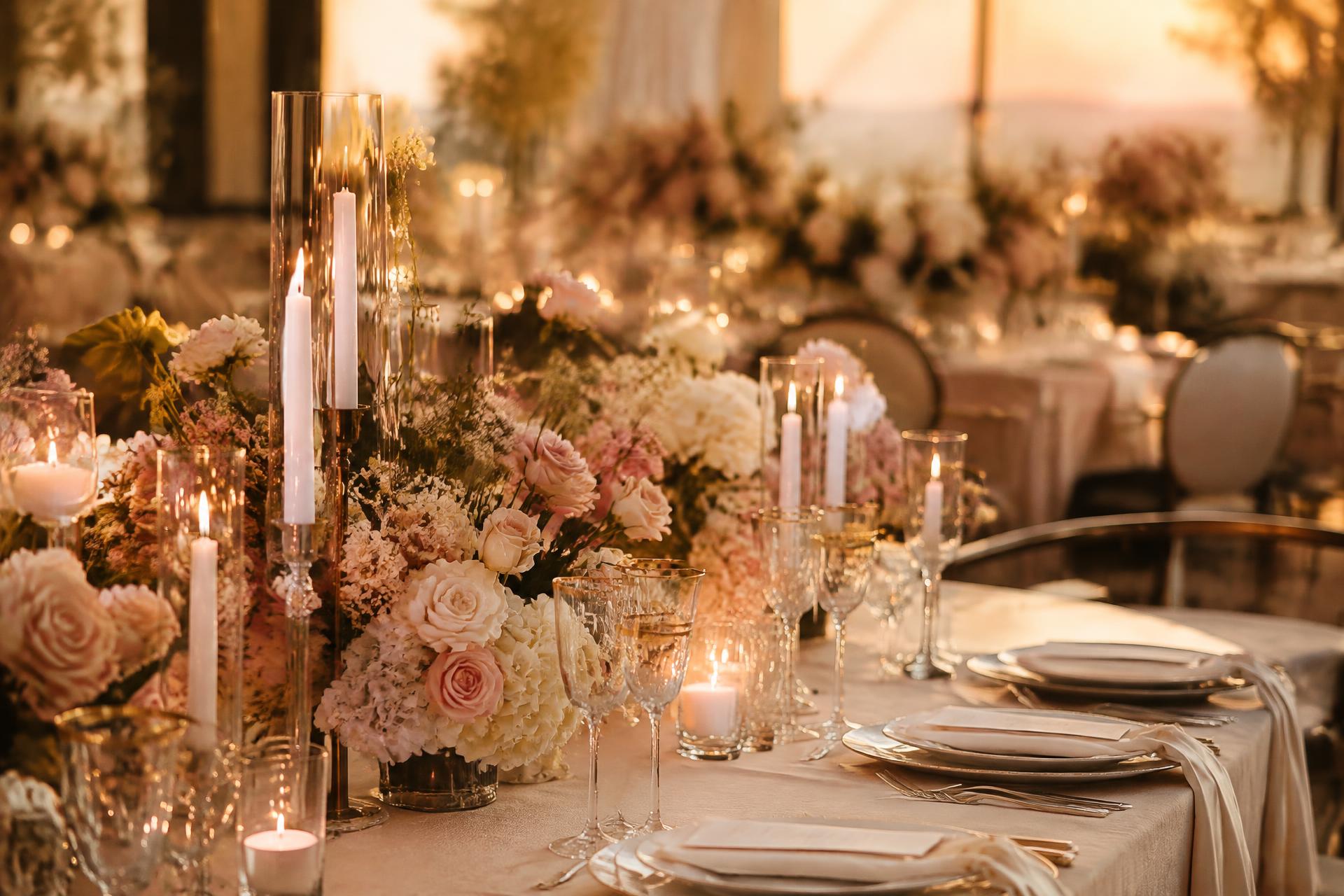 Elegant event table setting with candles and florals