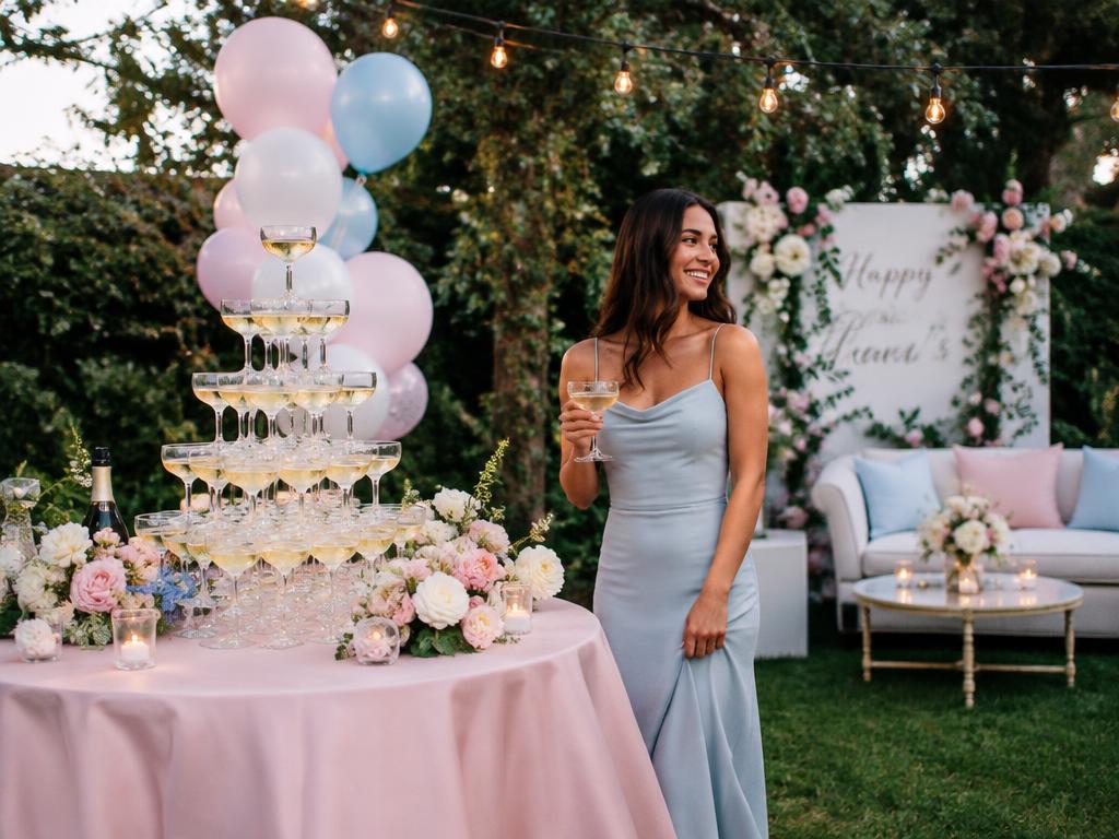 Garden celebration with champagne tower